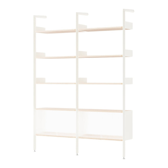 White shelving unit with natural wood shelves, minimalist design and clean lines. Perfect for modern interiors.