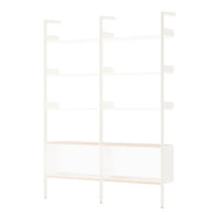 White shelving unit with light wood shelves, featuring a sleek, modern design and minimalistic style.