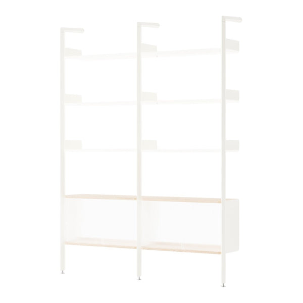 White shelving unit with light wood shelves, featuring a sleek, modern design and minimalistic style.