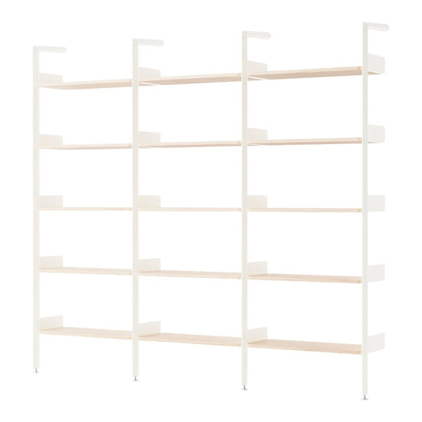 White shelving unit with light wood shelves, featuring a minimalist design and clean lines. Perfect for modern spaces.