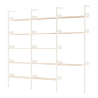 Minimalist white shelving unit with light wooden shelves, featuring a clean and modern design for any decor.