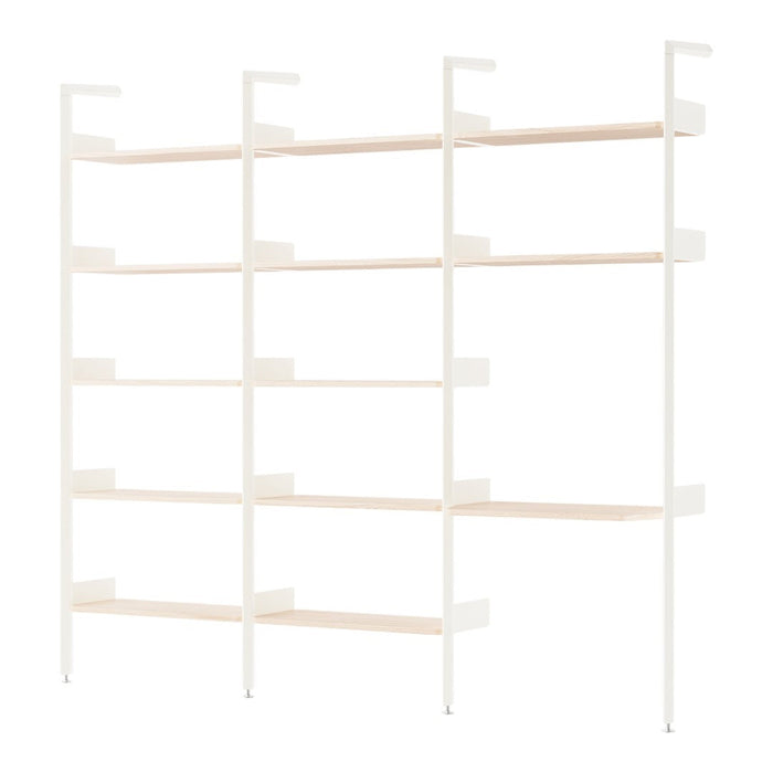 Minimalist white shelving unit with light wooden shelves, featuring a clean and modern design for any decor.