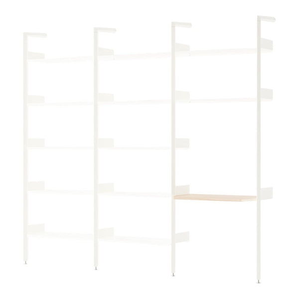 White shelving unit with natural wood accents, featuring a minimalist design and clean lines. Ideal for modern spaces.