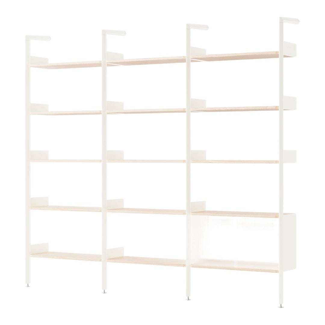 White shelving unit with light wood shelves, featuring a clean, modern design and minimalist aesthetic.