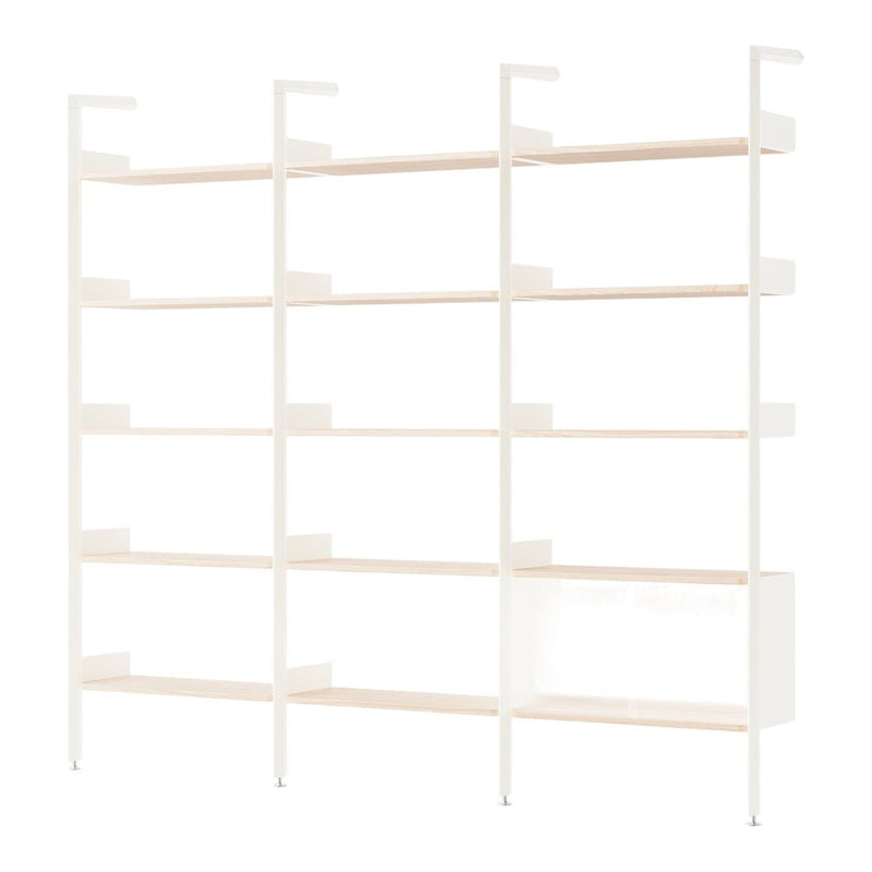 White shelving unit with light wood shelves, featuring a clean, modern design and minimalist aesthetic.