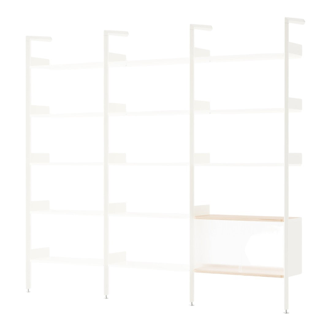 White shelving unit with wooden accents, featuring a minimalist design and smooth lines for modern decor.