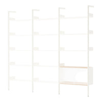 White shelving unit with wooden accents, featuring a minimalist design and smooth lines for modern decor.