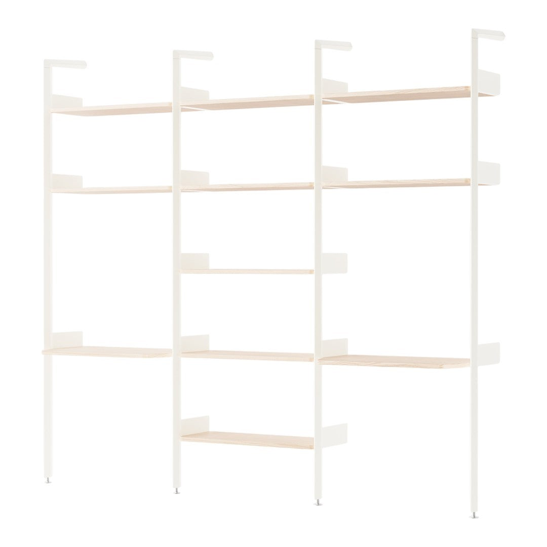 White shelving unit with light wood shelves, featuring a modern, minimalist design and clean lines.