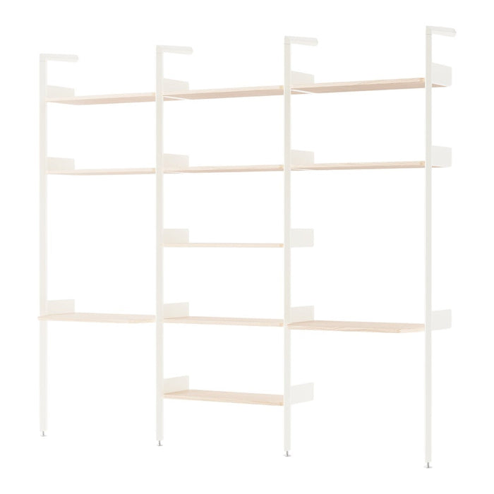 White shelving unit with light wood shelves, featuring a modern, minimalist design and clean lines.