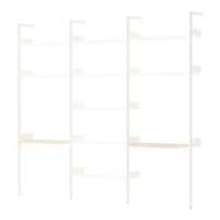 "Modern white shelving unit with natural wood shelves, featuring a sleek and minimalist design for versatile decor."