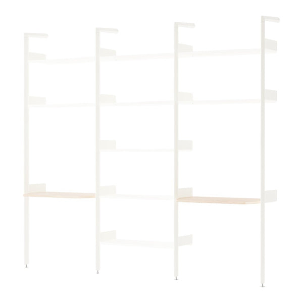 "Modern white shelving unit with natural wood shelves, featuring a sleek and minimalist design for versatile decor."