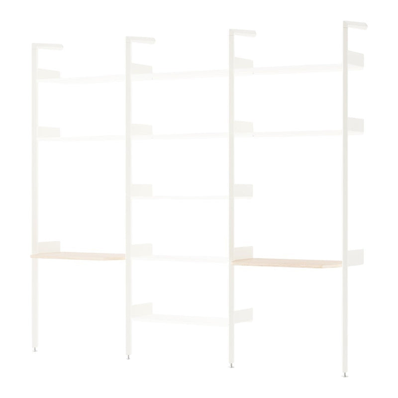 "Modern white shelving unit with natural wood shelves, featuring a sleek and minimalist design for versatile decor."
