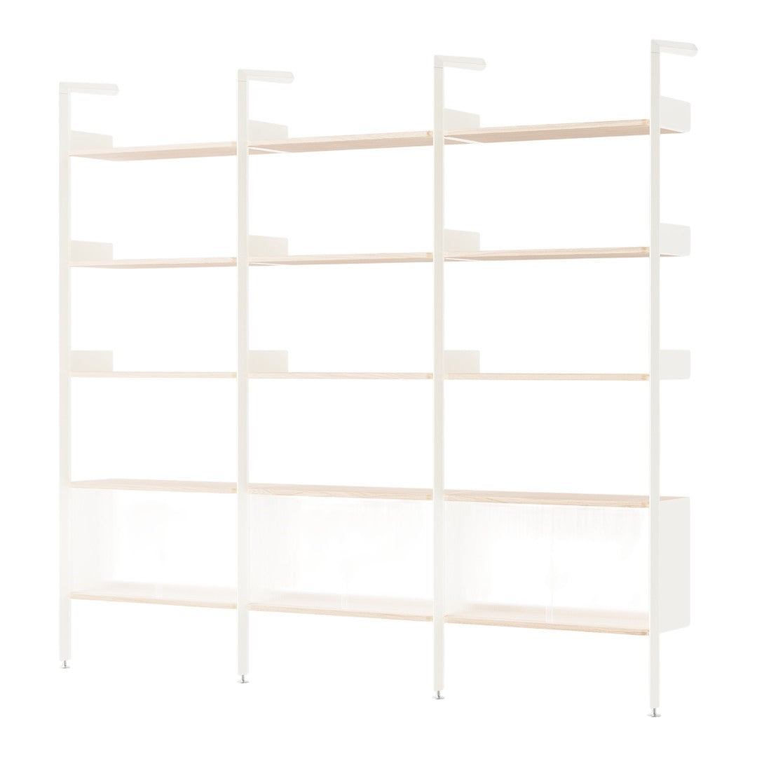 Modern white shelving unit with light wood accents and an open design, perfect for any contemporary home decor.