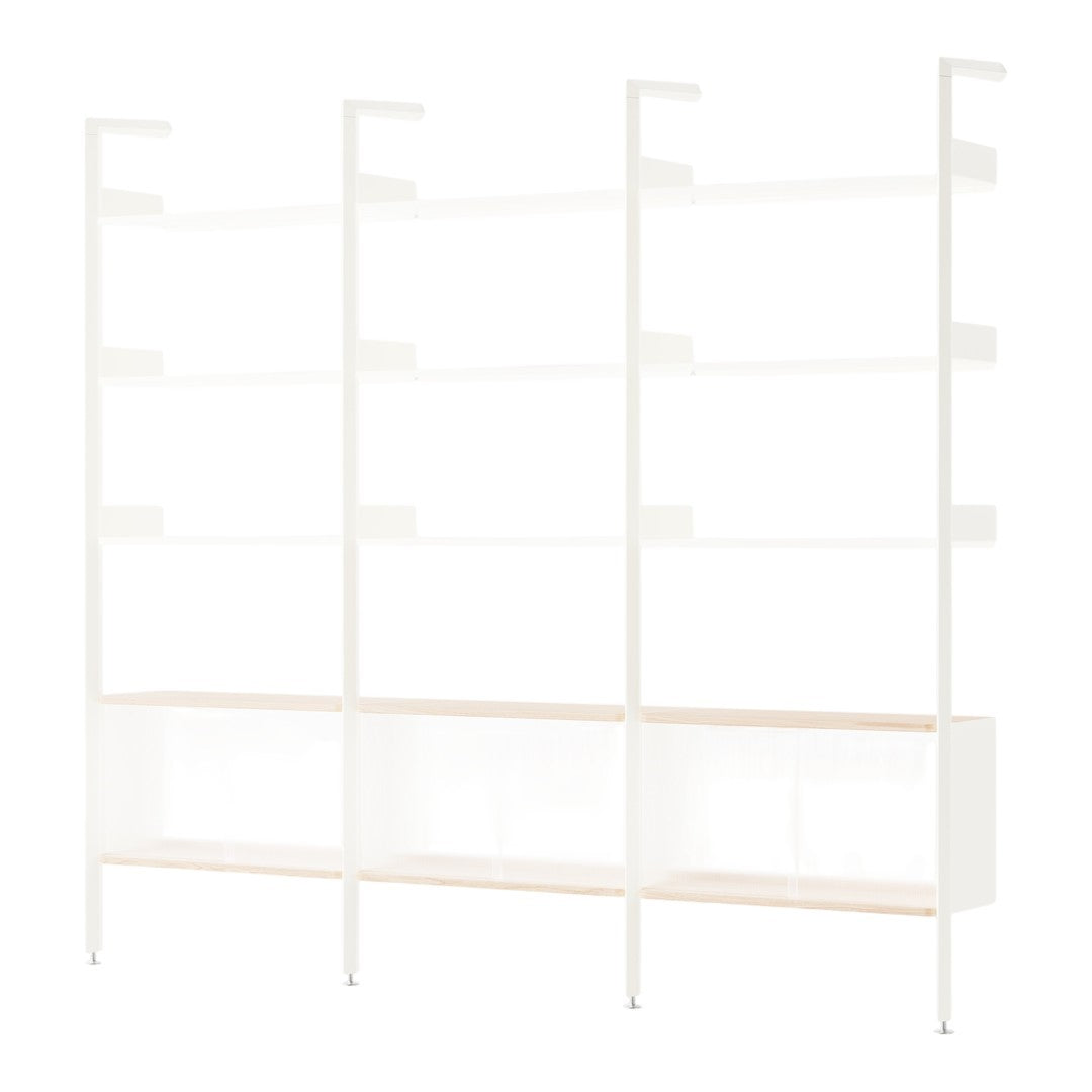 White metal shelving unit with natural wood accents and clean lines, perfect for modern decor. 