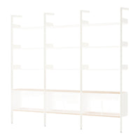 White metal shelving unit with natural wood accents and clean lines, perfect for modern decor. 