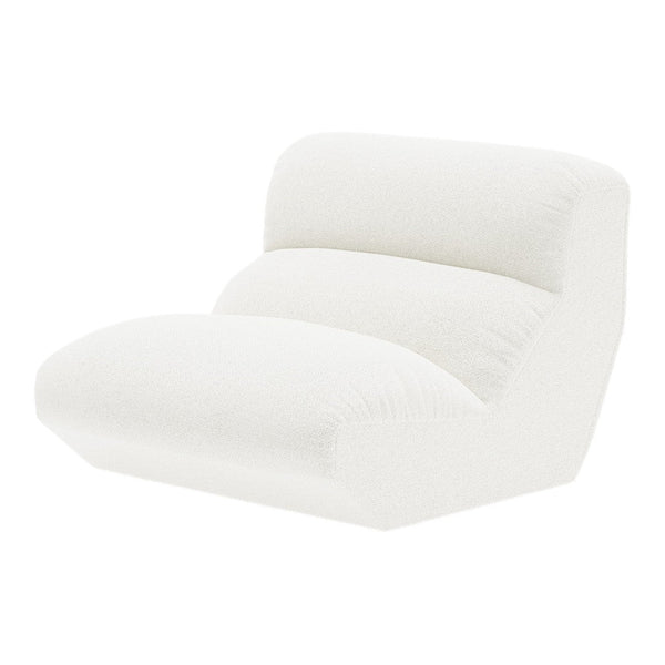White, textured lounge chair with a minimalist design and soft, plush upholstery for a modern aesthetic.