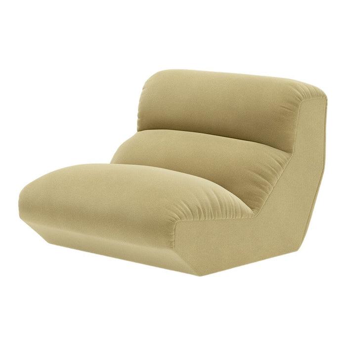 Soft yellow lounge chair with a smooth, minimalist design and plush, cushioned upholstery. Ideal for modern interiors.