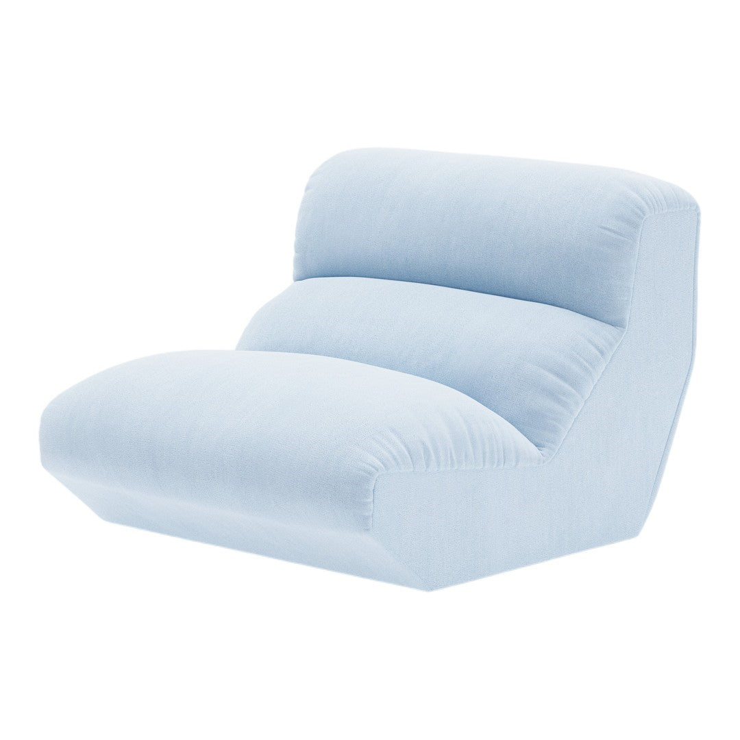 Soft pastel blue lounge chair with a smooth, plush texture and modern, minimalist design. Perfect for airy spaces.