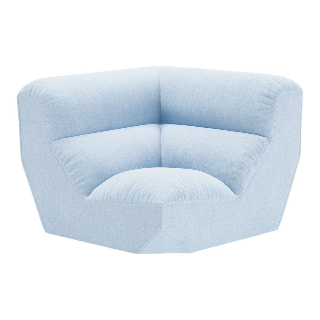 Light blue, plush corner sofa with a smooth fabric and modern geometric design, perfect for contemporary interiors.
