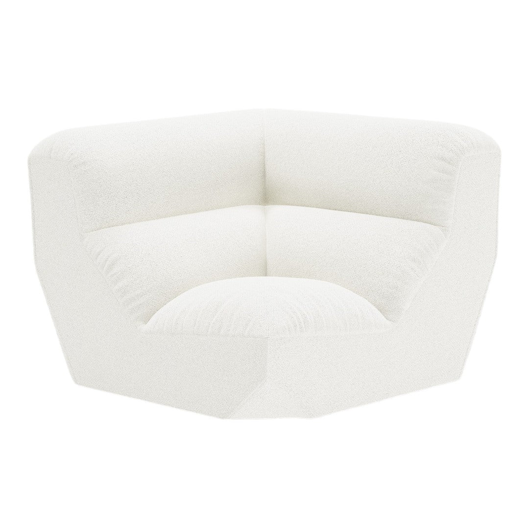 White textured corner chair with plush upholstery and modern geometric design. Perfect for minimalist decor.