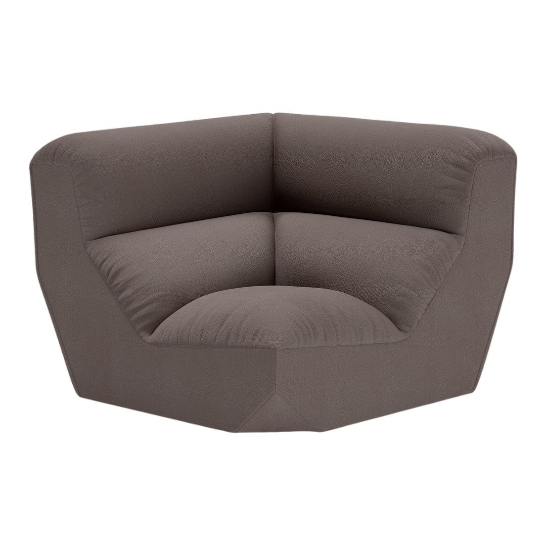 Stylish brown corner couch with soft, textured fabric and modern geometric design. Ideal for contemporary spaces.