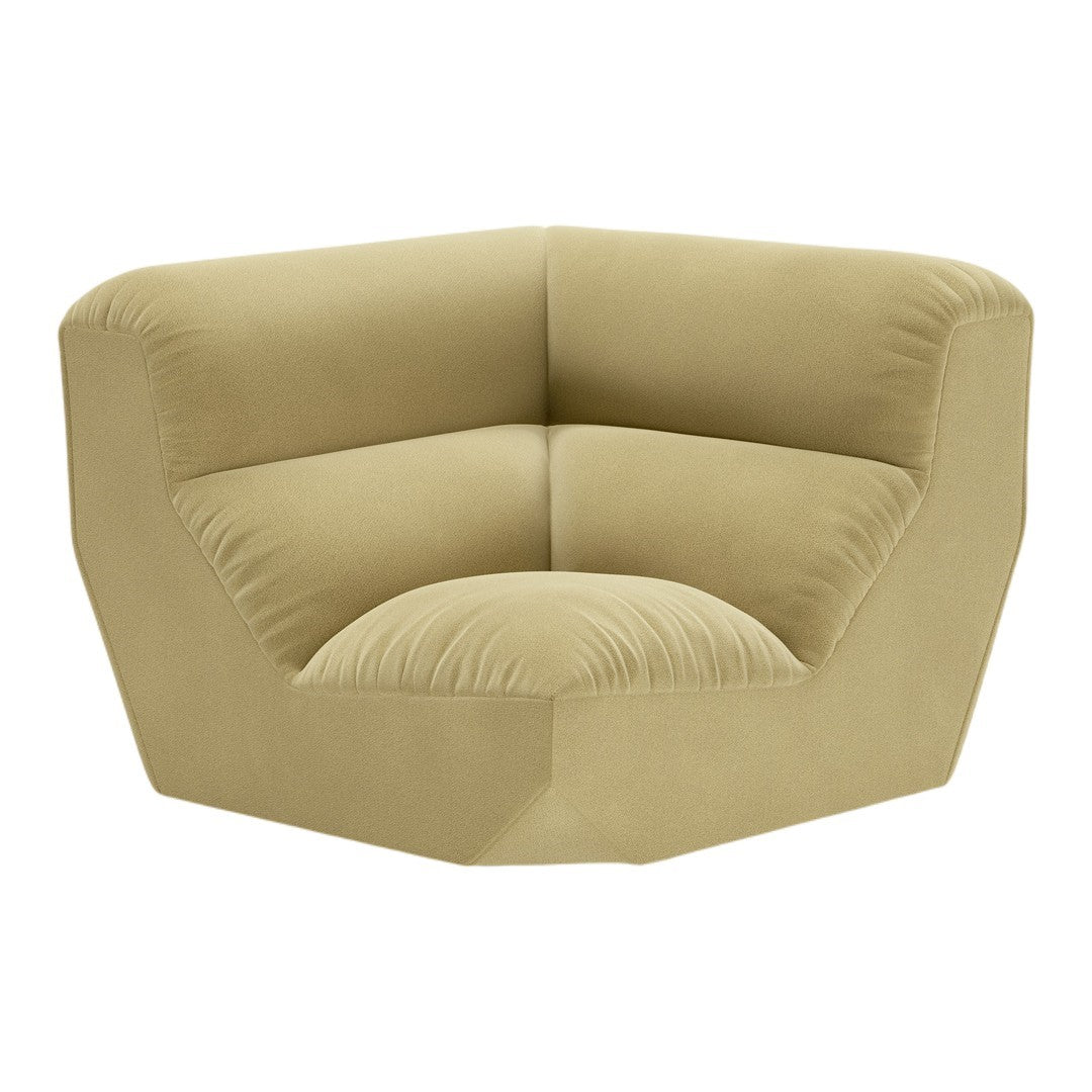 Olive green corner sofa with plush, velvet upholstery and modern geometric shape. Cozy and stylish accent piece.