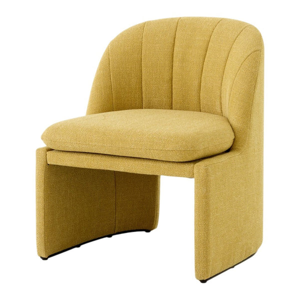 Stylish yellow upholstered chair with a textured finish and subtle vertical stripes for modern decor.