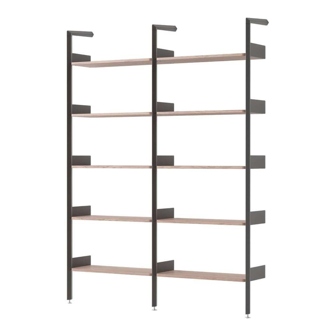 Modern black metal shelving unit with natural wood shelves, featuring a minimalist design and clean lines.