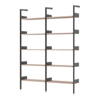 Modern black metal shelving unit with natural wood shelves, featuring a minimalist design and clean lines.