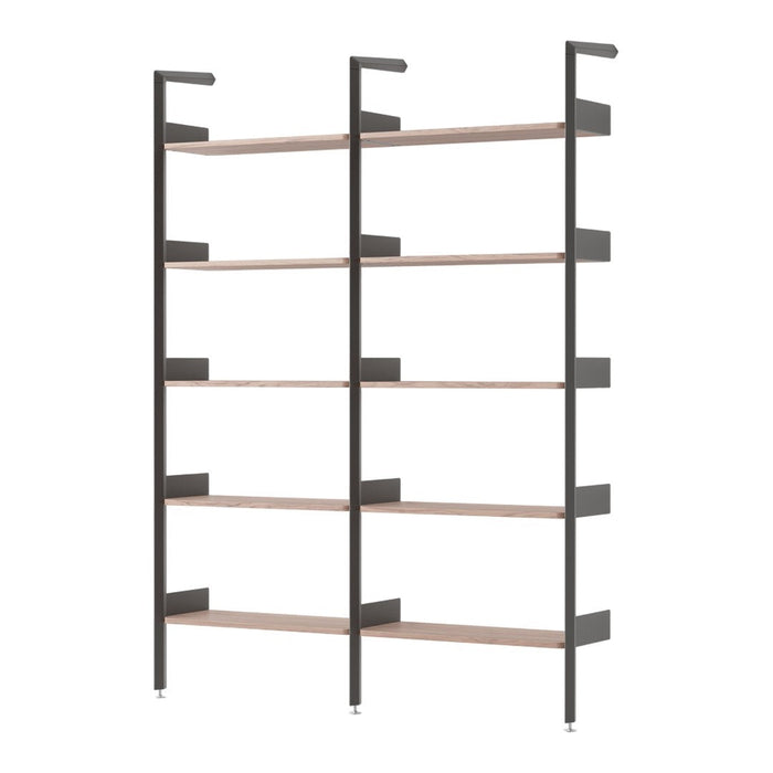 Modern black metal shelving unit with natural wood shelves, featuring a minimalist design and clean lines.
