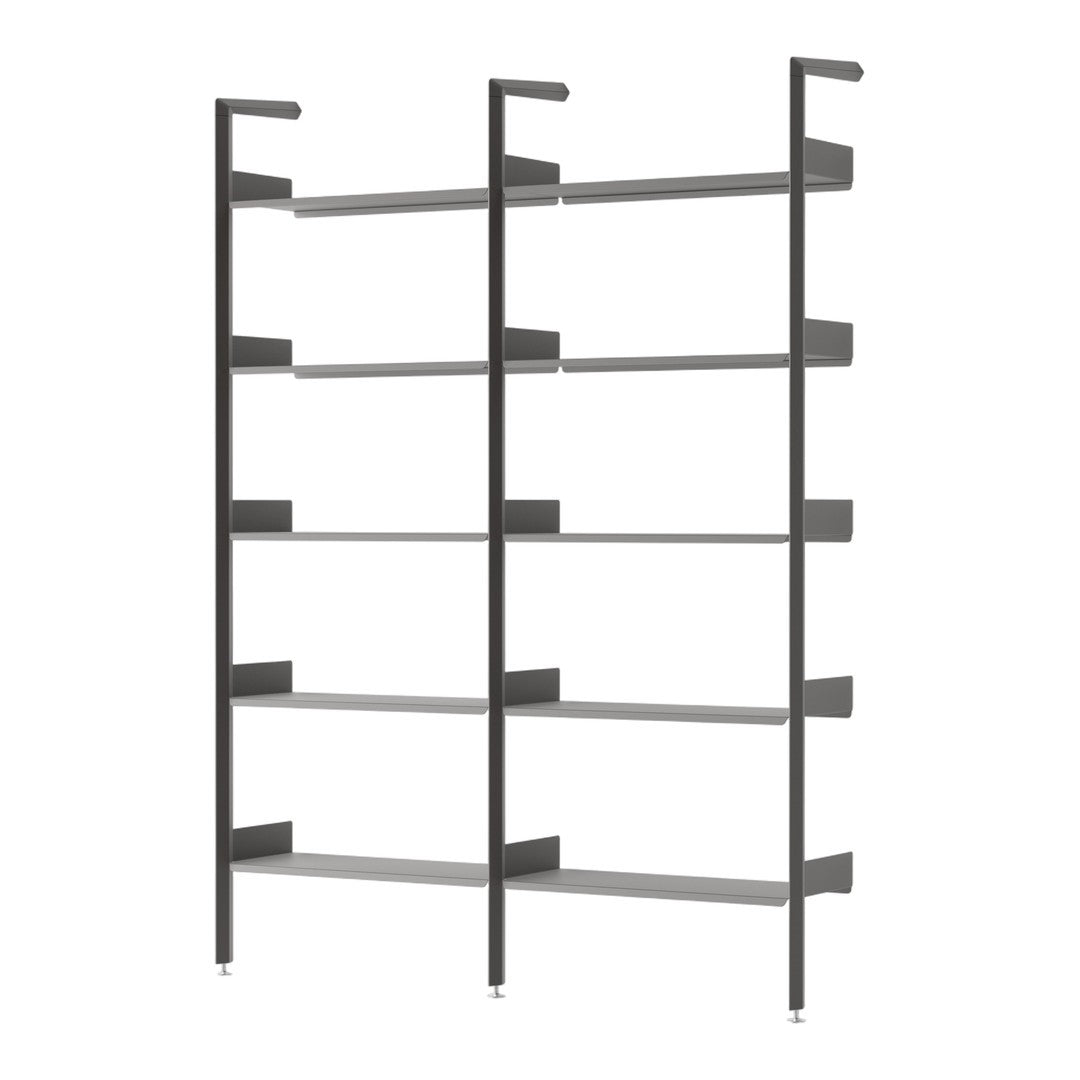 Modern gray shelving unit with sleek lines and spacious shelves, perfect for any contemporary decor.
