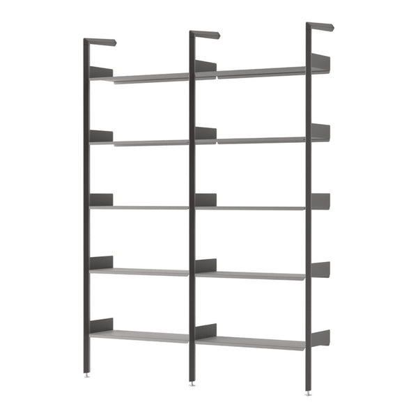 Modern gray shelving unit with sleek lines and spacious shelves, perfect for any contemporary decor.