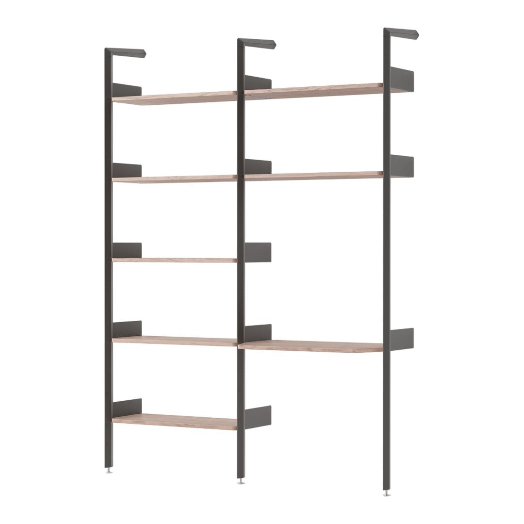 Modern black metal shelving unit with light wood shelves, featuring a sleek, minimalistic design.