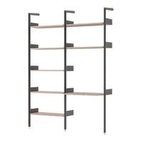 Modern black metal shelving unit with light wood shelves, featuring a sleek, minimalistic design.