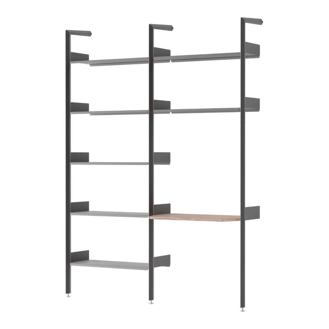 Modern shelving unit with sleek black metal frames and gray shelves, featuring a warm wood accent.