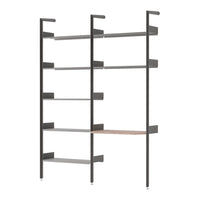 Modern shelving unit with sleek black metal frames and gray shelves, featuring a warm wood accent.
