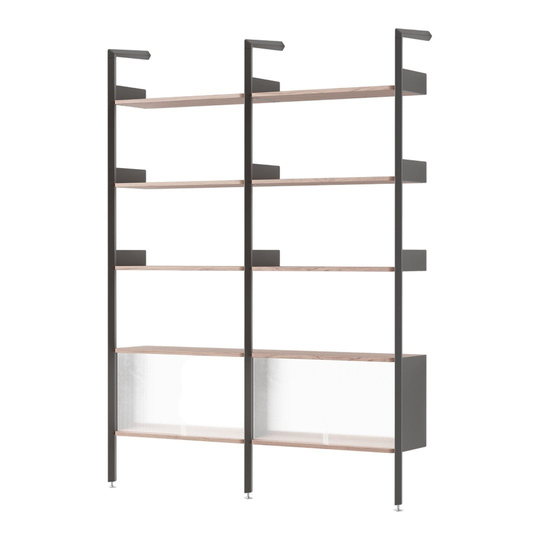 Black metal frame with warm wood shelves; minimalistic design with clear glass accents for a modern touch.
