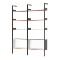 Black metal frame with warm wood shelves; minimalistic design with clear glass accents for a modern touch.