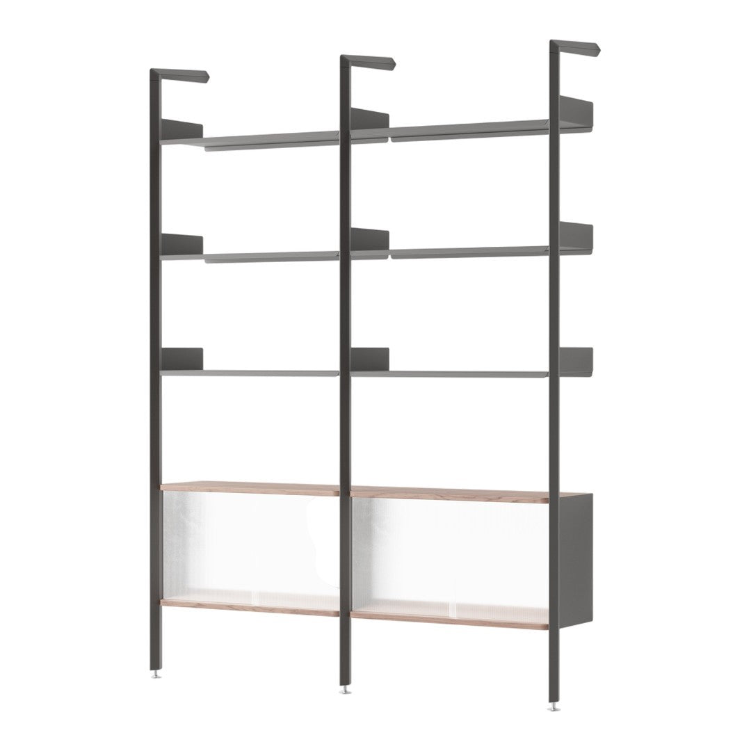 Sleek black metal frame with warm wooden shelves; modern, minimalist design with a clean, stylish aesthetic.