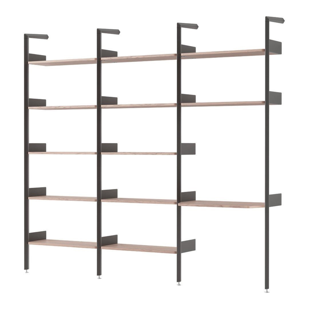 Modern shelving unit with black metal frame and light wood shelves, featuring a sleek, minimalist design.