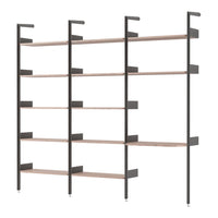 Modern shelving unit with black metal frame and light wood shelves, featuring a sleek, minimalist design.