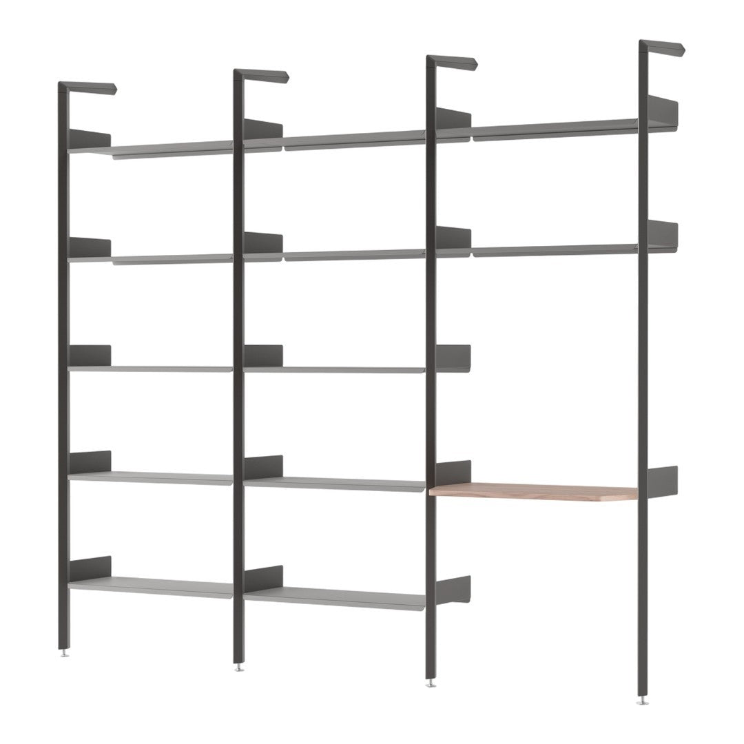 Modern shelving unit featuring sleek black metal frame and light gray shelves with a warm wooden accent.