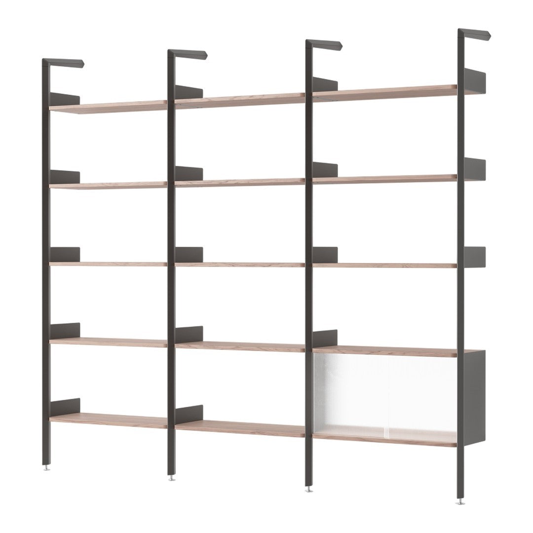 Modern black metal shelving unit with natural wood shelves and a sleek white cabinet, showcasing minimalist design.