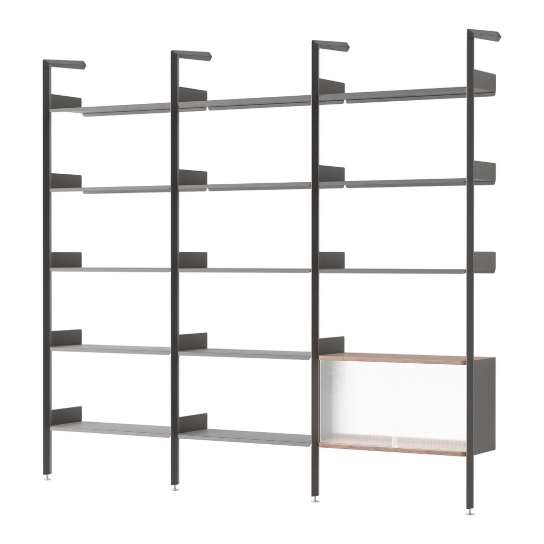 Modern gray shelving unit with sleek metal and wood accents, featuring open and closed storage spaces.