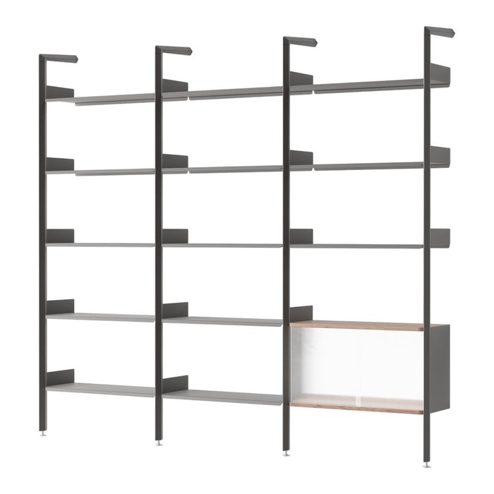 Modern gray shelving unit with sleek metal and wood accents, featuring open and closed storage spaces.