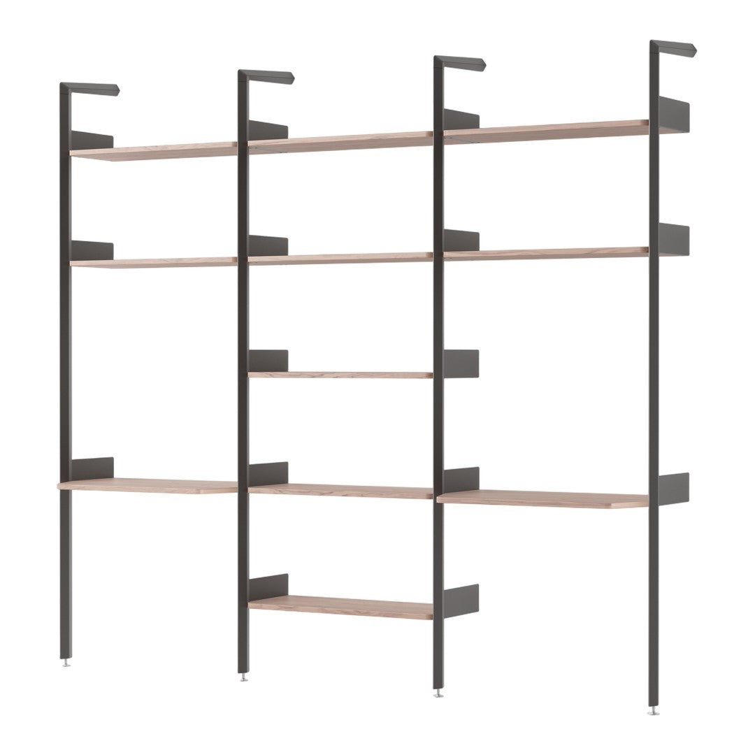 Modern shelving unit with sleek black metal frame and warm wood-patterned shelves. Ideal for stylish organization.