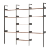 Modern shelving unit with sleek black metal frame and warm wood-patterned shelves. Ideal for stylish organization.
