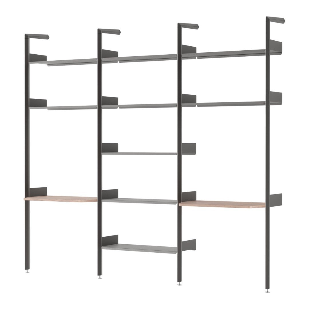 Modern shelving unit in dark gray metal with natural wood accent, featuring sleek, minimalist lines and open design.