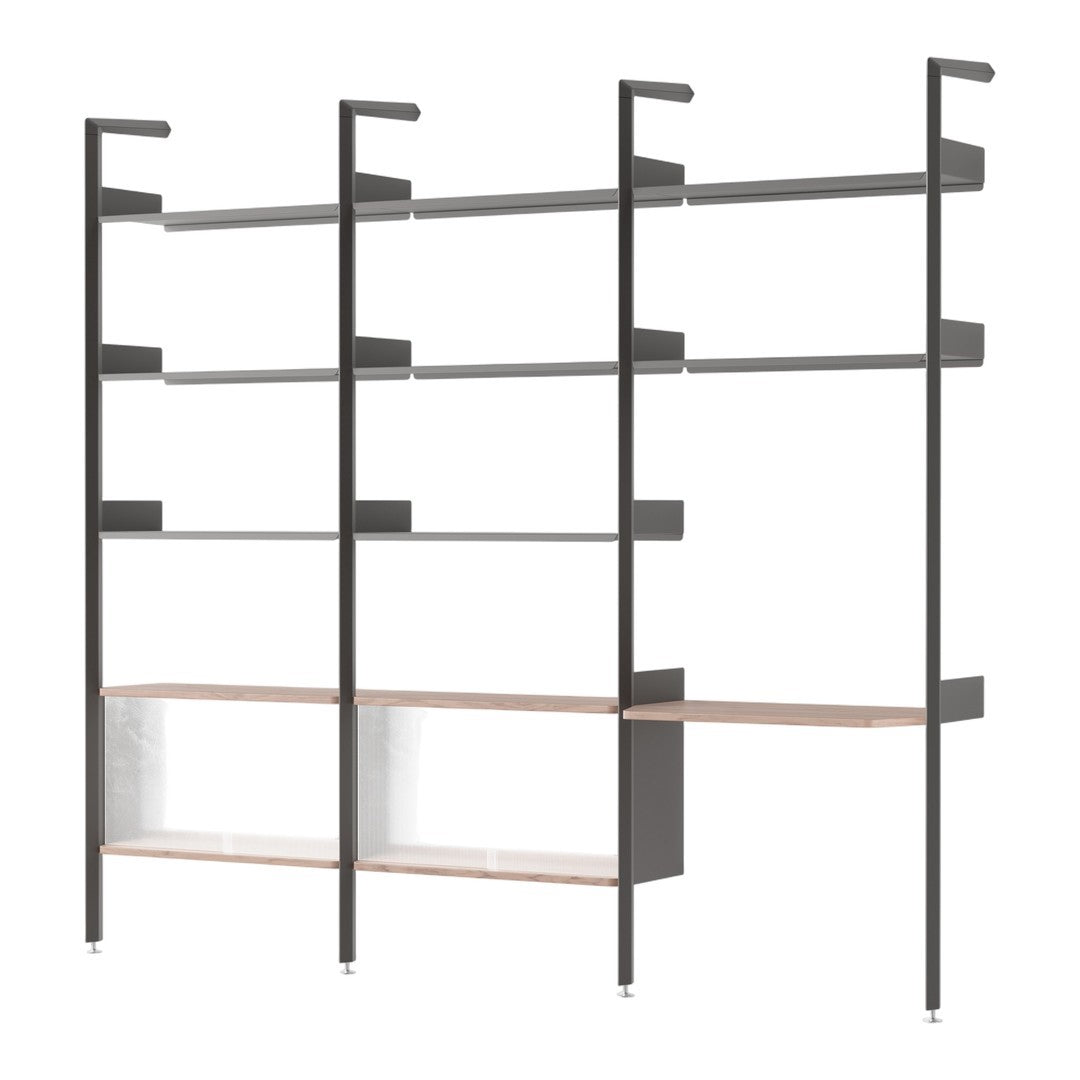 "Modern shelving unit featuring sleek black metal frames and natural wood shelves with a minimalist design."