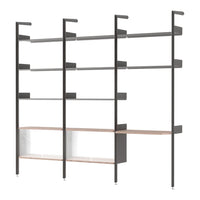 "Modern shelving unit featuring sleek black metal frames and natural wood shelves with a minimalist design."